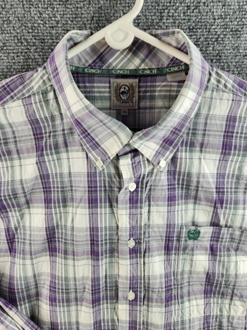 Cinch Adult Men XL Purple Green Plaid Long Sleeve Button Up Shirt 100% Cotton